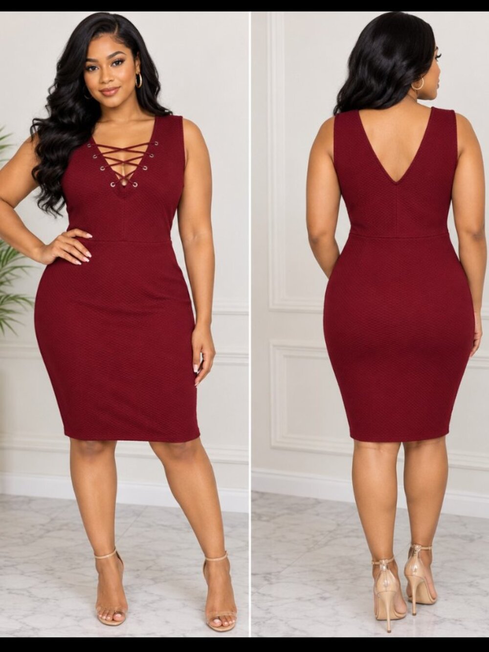 Jessica Simpson Elegant Women's Burgundy Cocktail Bodycon Dress V Neck Size L